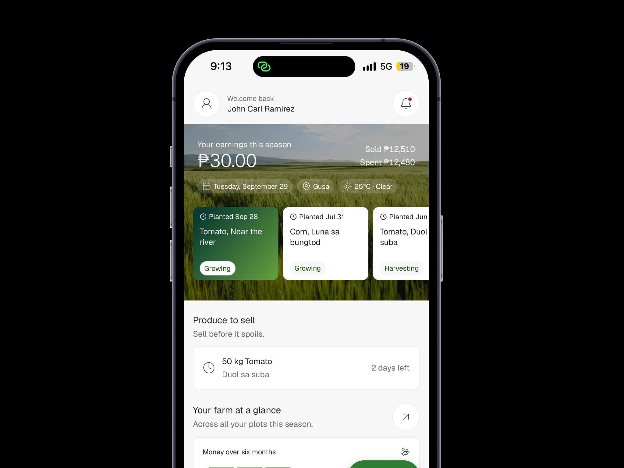 Agriova home screen on a phone, showing season earnings over a field photo, plot cards and a produce-to-sell countdown.