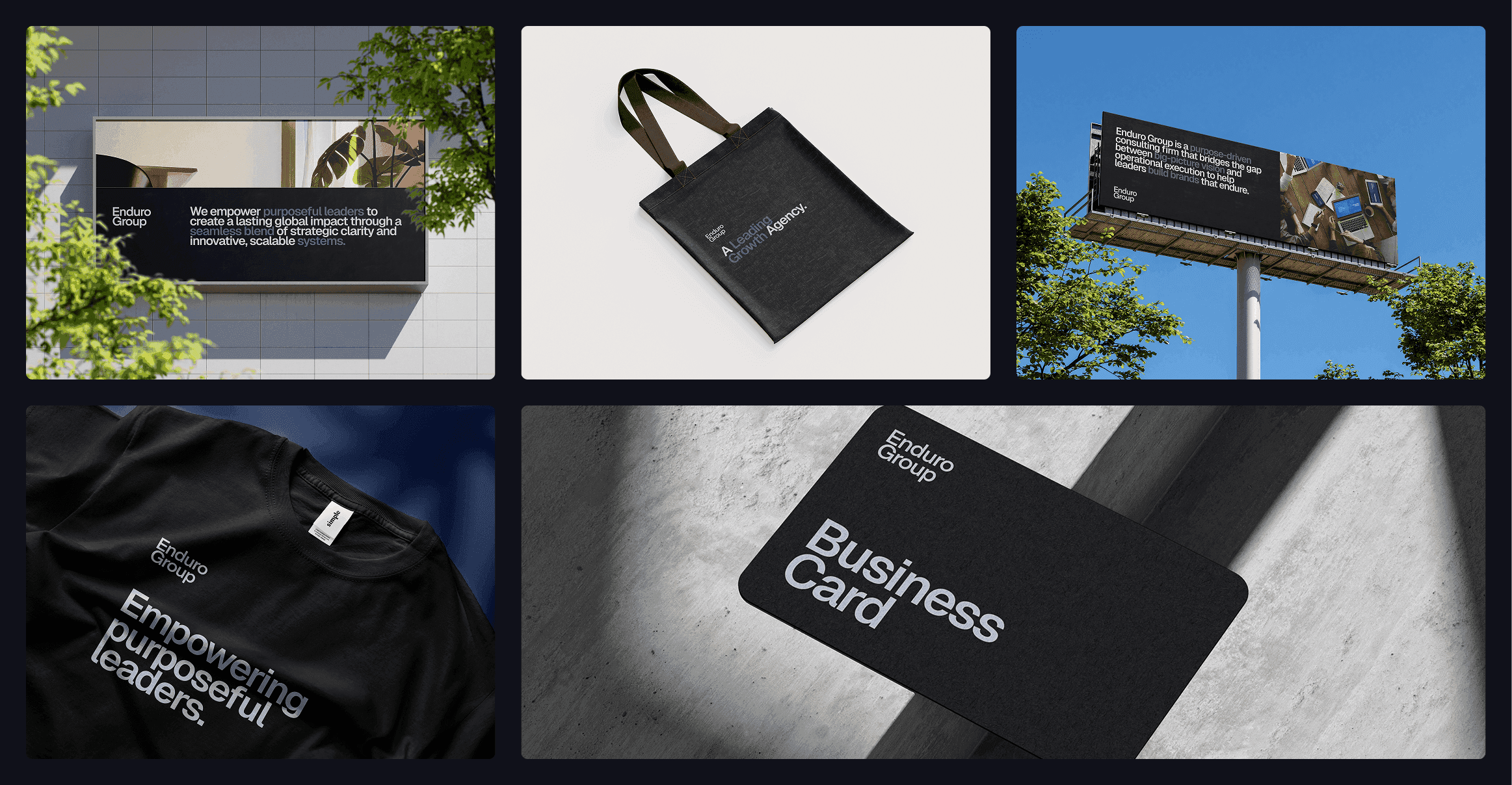 Enduro Group branding applied to signage, apparel, and stationery.